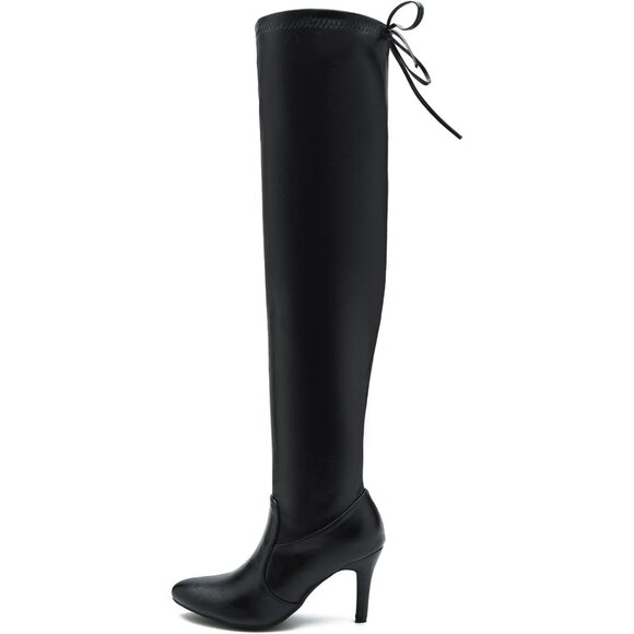 Women Black Polyurethane Pointed Toe Over The Knee Thigh High Stiletto Heel Boot - Picture 4 of 7